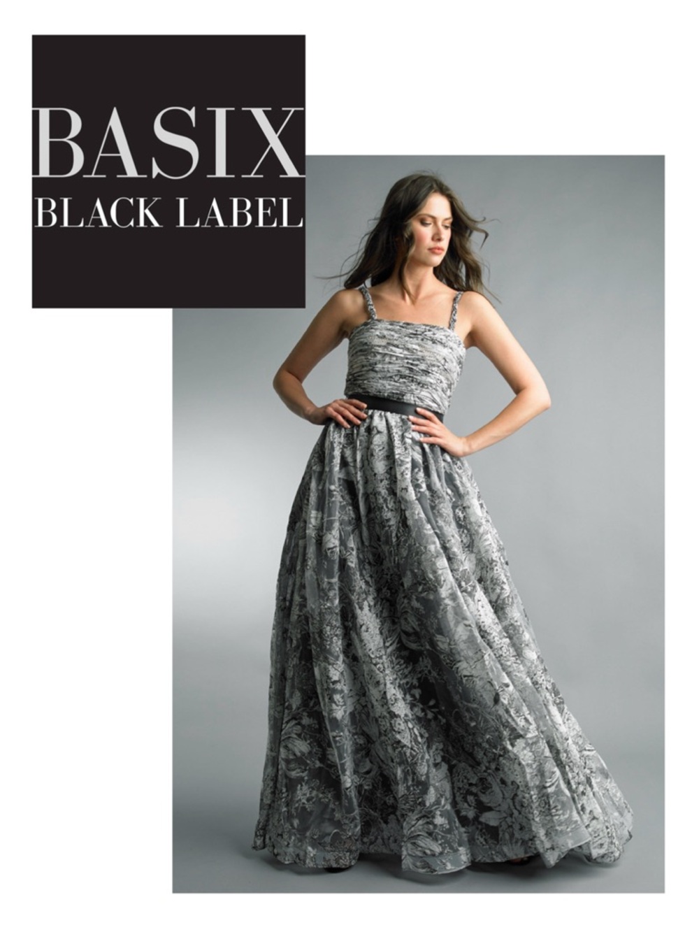 BASIX BLACK LABEL Floral-Print Pleated Bust A-Line Gown